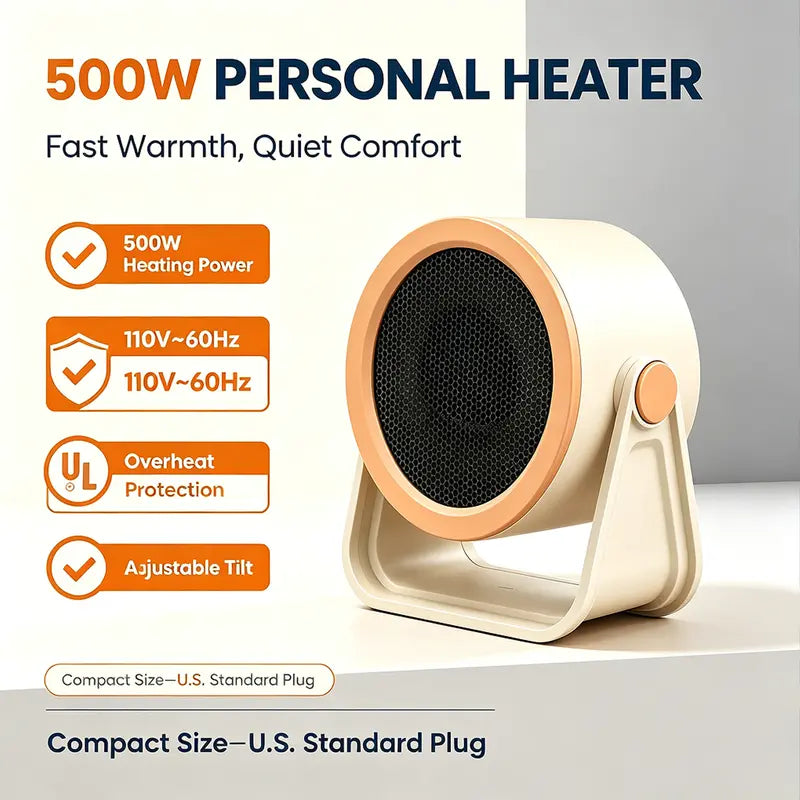 🔥 500W Compact Desk Heater — Adjustable Warmth for Cozy Workdays