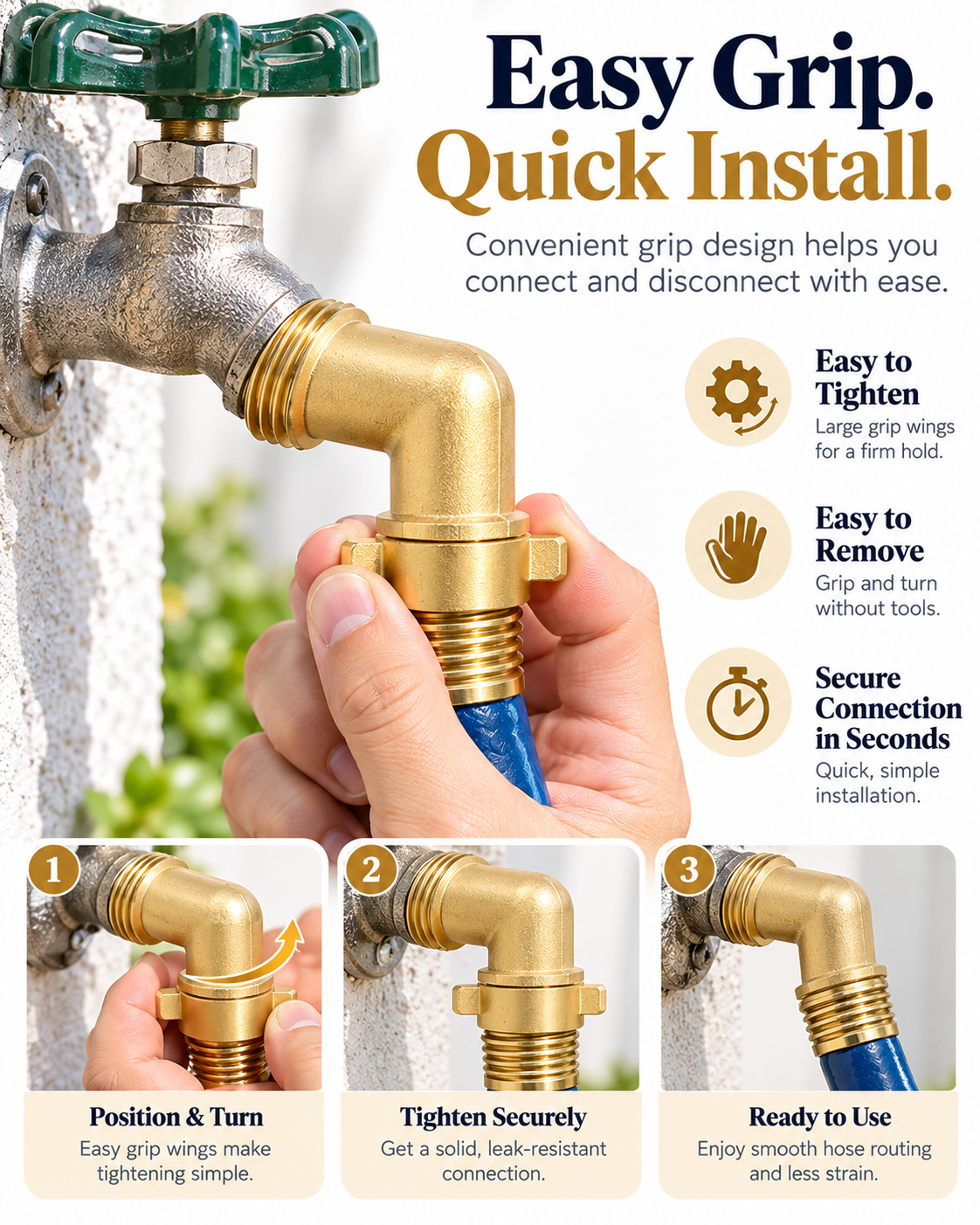 90° Brass Hose Elbow Connector 2-Pack – 3/4 - 11 1/2 NH connections , Lead-Free Solid Brass, Easy-Grip RV Water Hose Adapter for Outdoor Faucets