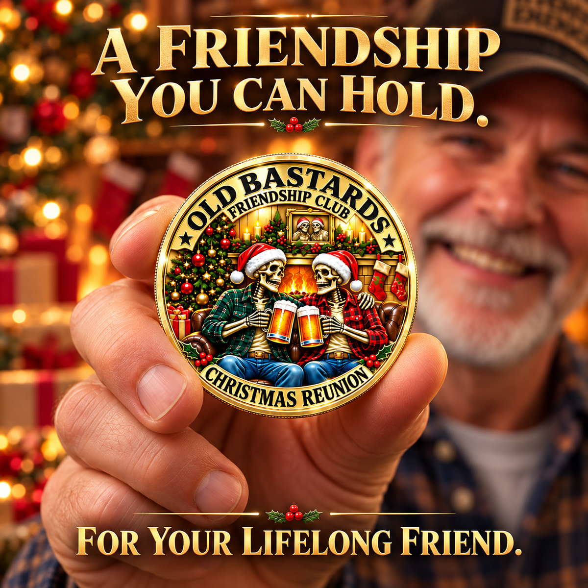 2026 Old Bastards Friendship Club Christmas Coin – Double-Sided Gold-Tone Keepsake for Lifelong Friends