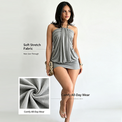 Y2K Halter Dress for Women, Ruched Neckline Sleeveless Waist Cinch Slimming Bodycon Short Dress💃