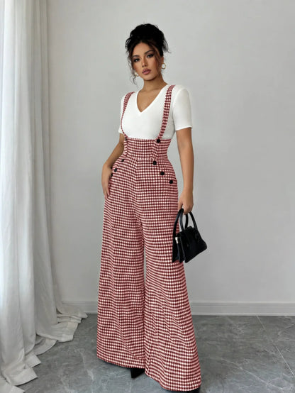 Women's Vintage Houndstooth Wide-Leg Suspender Jumpsuit