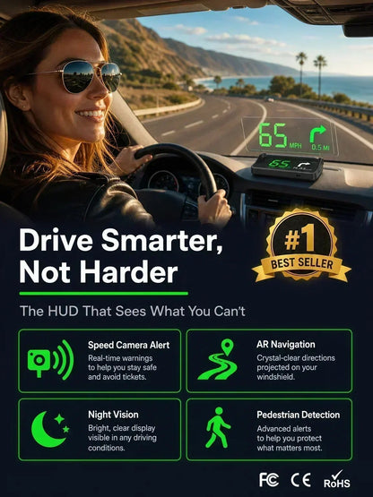 🚗Head-Up Display Car GPS Digital Speedometer – Traffic Light Countdown & Red Light Camera Alert HUD, Universal Driver Safety Warning Device to Avoid Tickets for City Driving