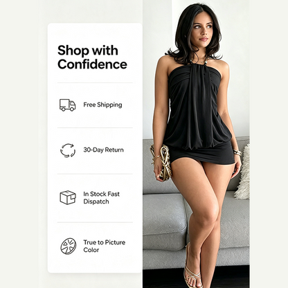 Y2K Halter Dress for Women, Ruched Neckline Sleeveless Waist Cinch Slimming Bodycon Short Dress💃
