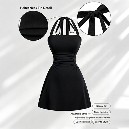 Women's Plain Ruched Tie Back Halter Neck Dress, Casual Chic Sleeveless A Line Short Dress👗