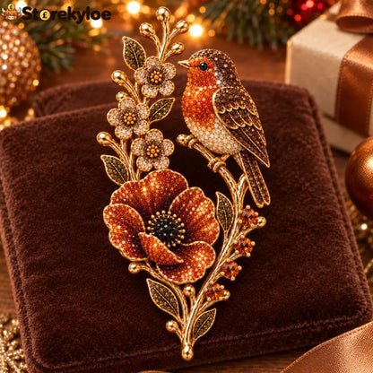 🐦 Robin & Poppy Crystal Vintage Brooch | Holiday Bird Jewelry