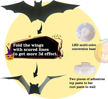 3D Bat Light LED Decorations, Halloween Spooky Ornaments, Bendable Wall Stickers🦇