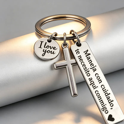 Keychain with Cross and "I Love You" Charm