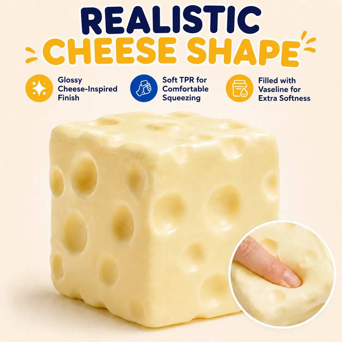 Cheese Cube Squishy Toy, Soft Moldable Petroleum Jelly-Filled Squeeze Ball 🧀