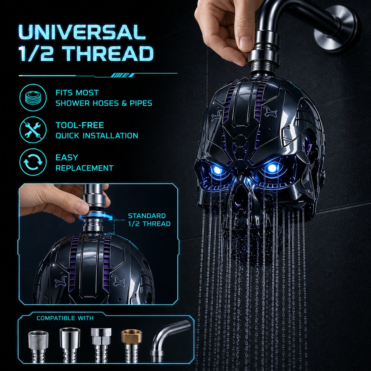 🚿👾Cyber Mecha Skull Color Changing LED Pressure Boost Shower Head