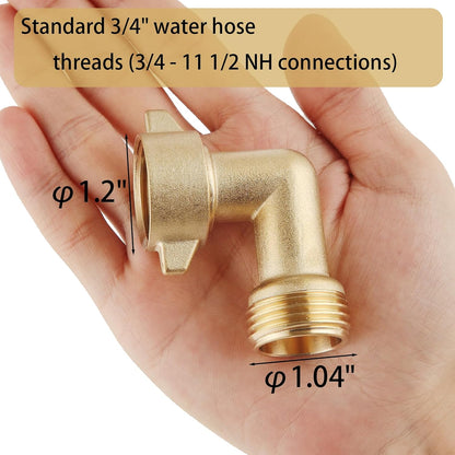 90° Brass Hose Elbow Connector 2-Pack – 3/4 - 11 1/2 NH connections , Lead-Free Solid Brass, Easy-Grip RV Water Hose Adapter for Outdoor Faucets