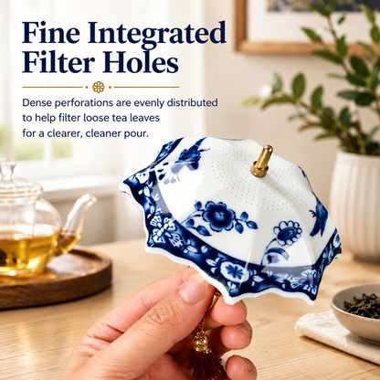 Elegant Blue & White Umbrella Tea Strainer Set☂️