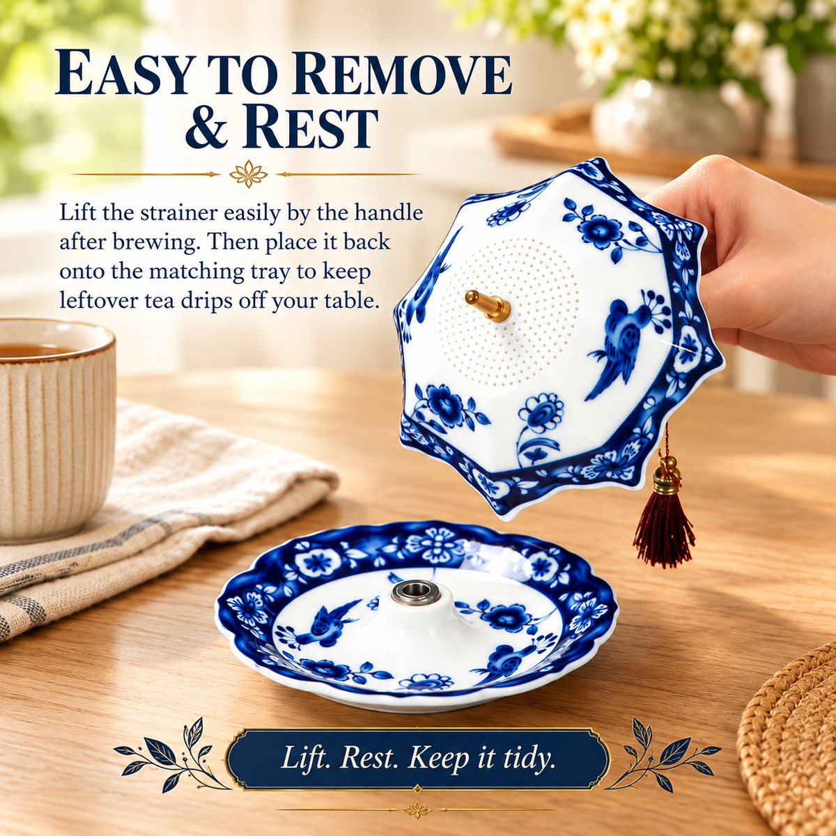 Elegant Blue & White Umbrella Tea Strainer Set☂️