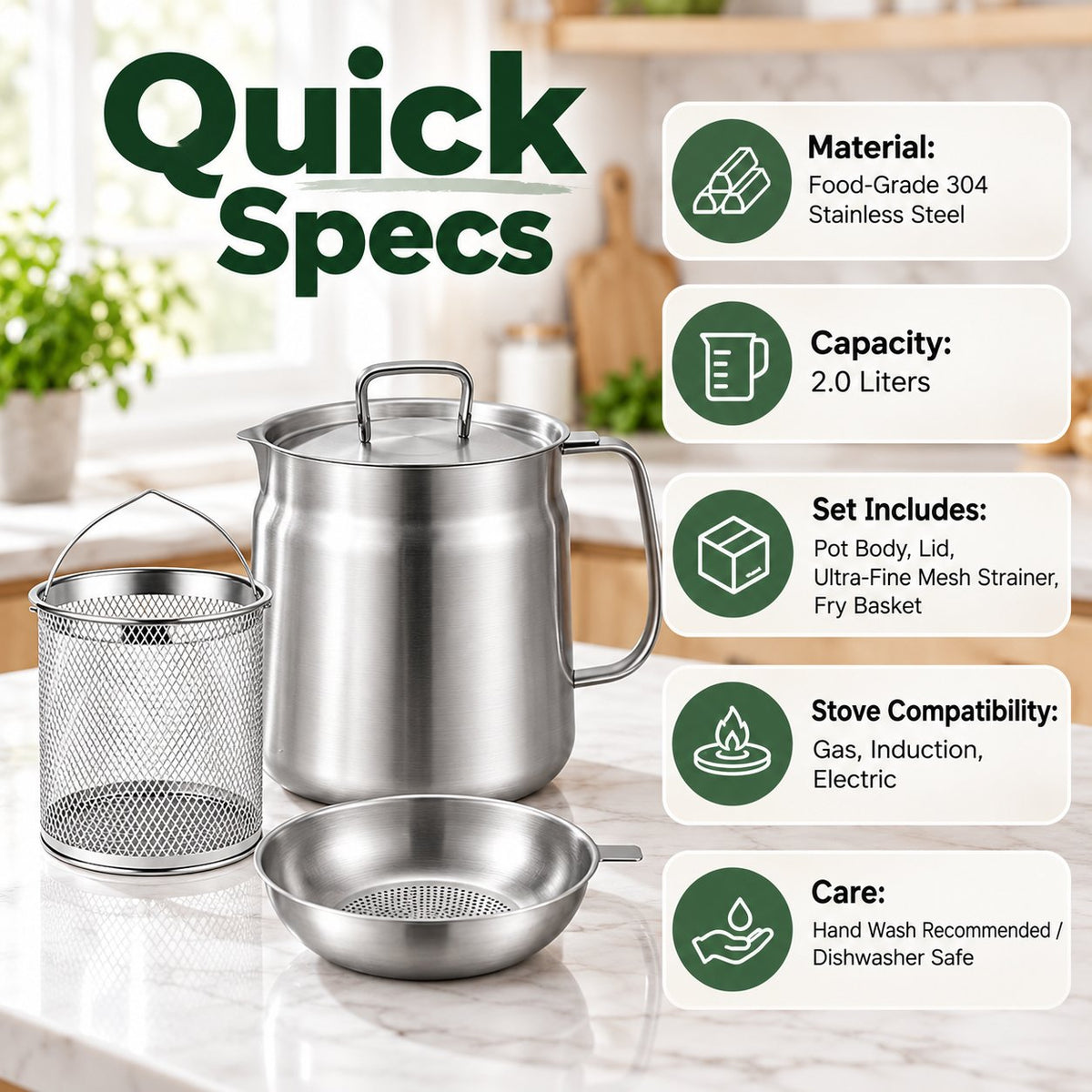 ✨ All-in-One 4-Piece Stainless Steel Deep Fryer & Oil Strainer Pot