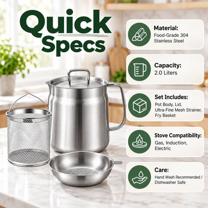 ✨ All-in-One 4-Piece Stainless Steel Deep Fryer & Oil Strainer Pot