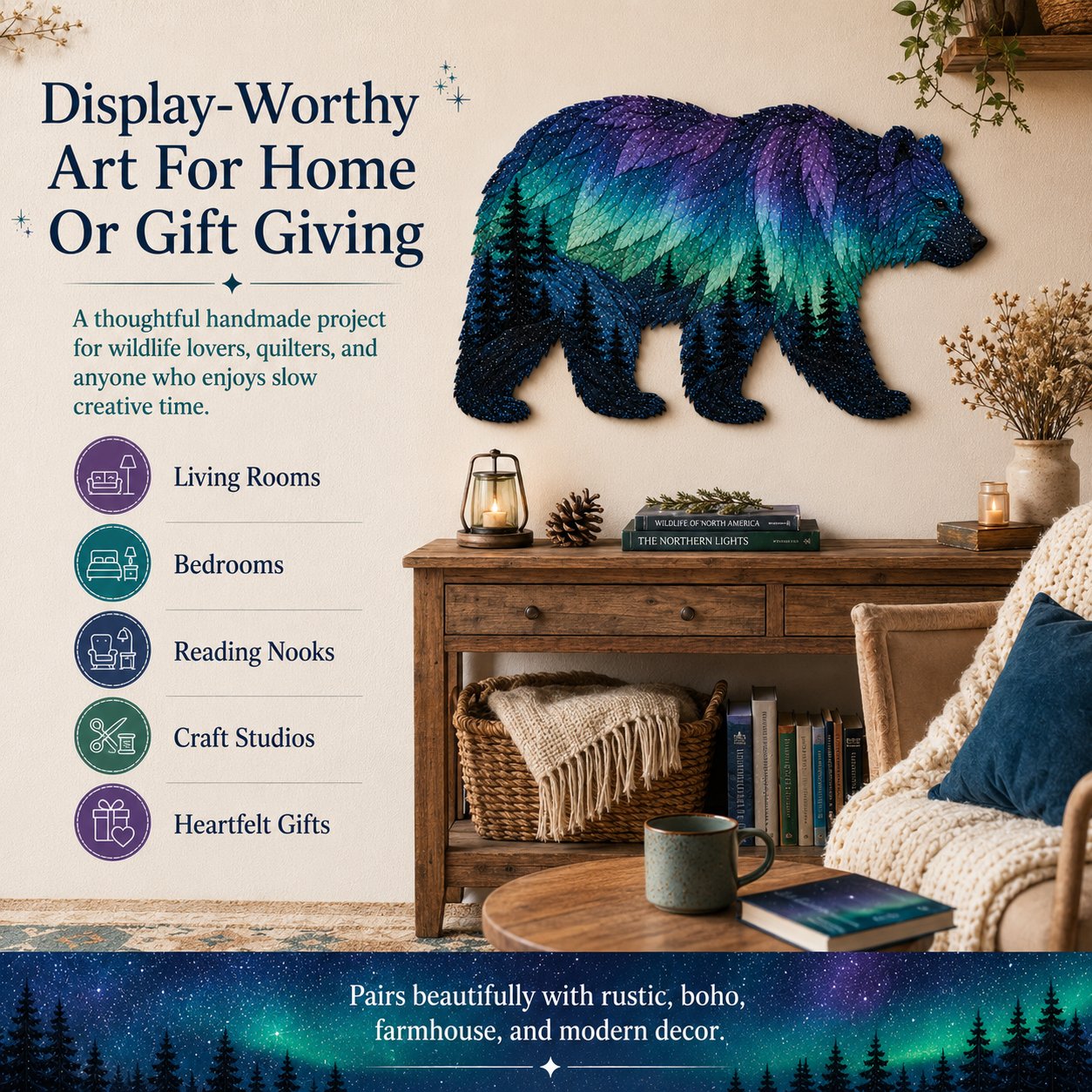 🔥HOT SALES 50% OFF - 🐻Northern Lights Wildlife DIY Patchwork Kit | Aurora Layered Fabric Art, Beginner Sewing Decor & Handmade Nature Gift
