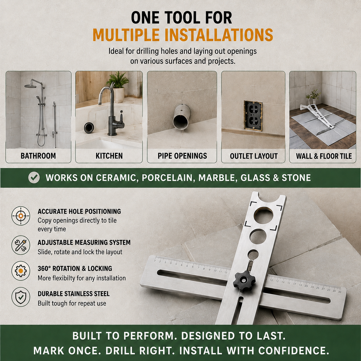 🎃Halloween Deal 50% OFF!🛠️ Stainless Steel Tile Positioning Ruler – Adjustable Drill Guide & Precision Measuring Tool