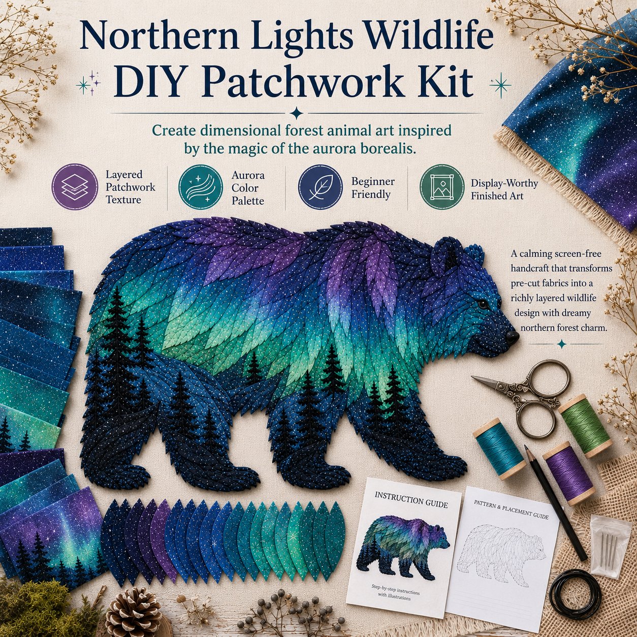 🔥HOT SALES 50% OFF - 🐻Northern Lights Wildlife DIY Patchwork Kit | Aurora Layered Fabric Art, Beginner Sewing Decor & Handmade Nature Gift