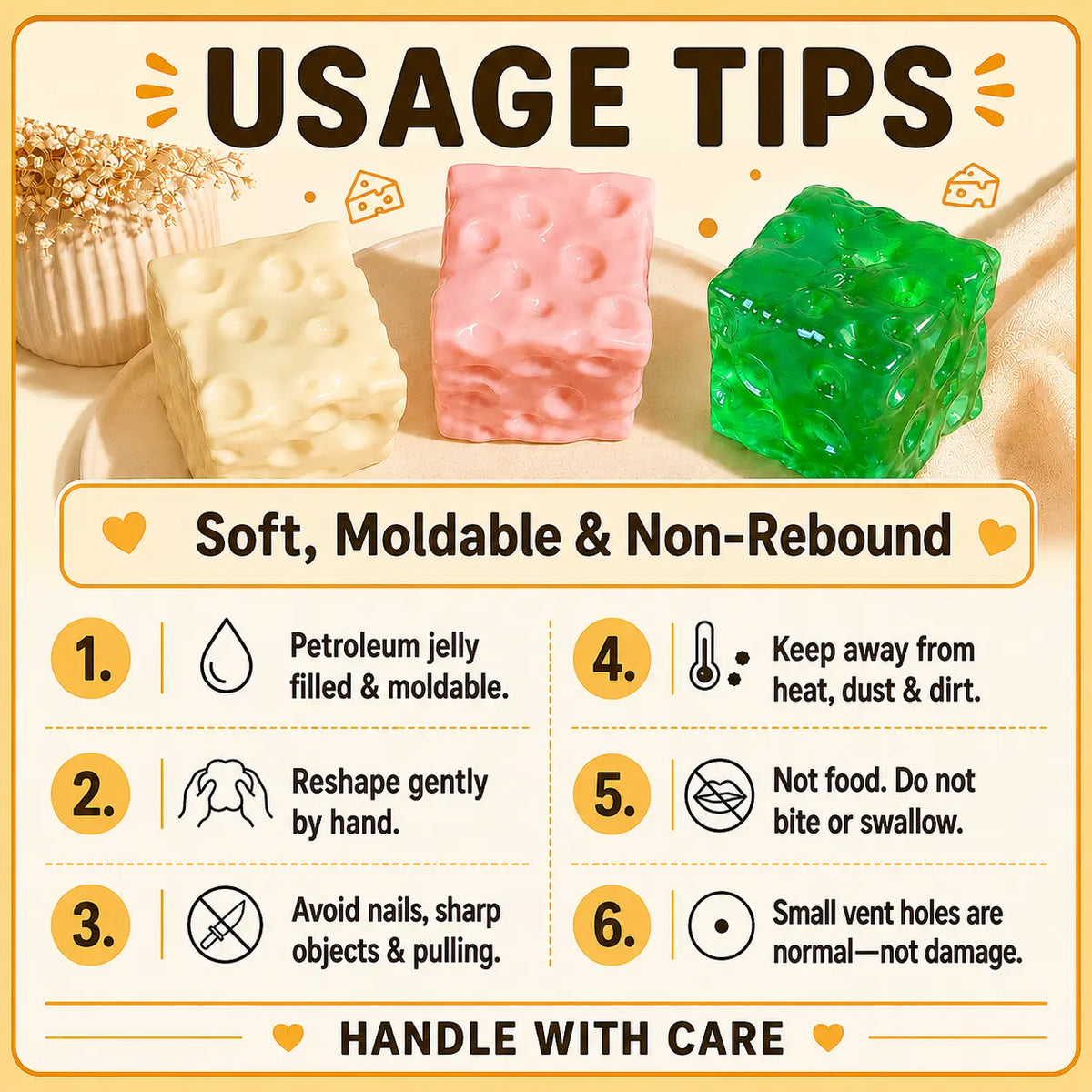Cheese Cube Squishy Toy, Soft Moldable Petroleum Jelly-Filled Squeeze Ball 🧀
