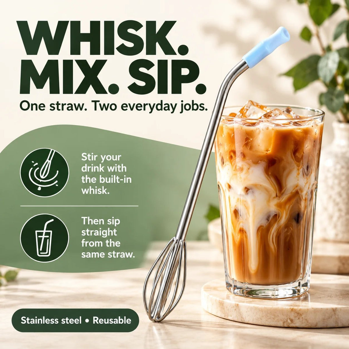 🥤 2 PACK 2-in-1 Stainless Steel Whisk Straw | Mix & Sip (24oz Cup Size)