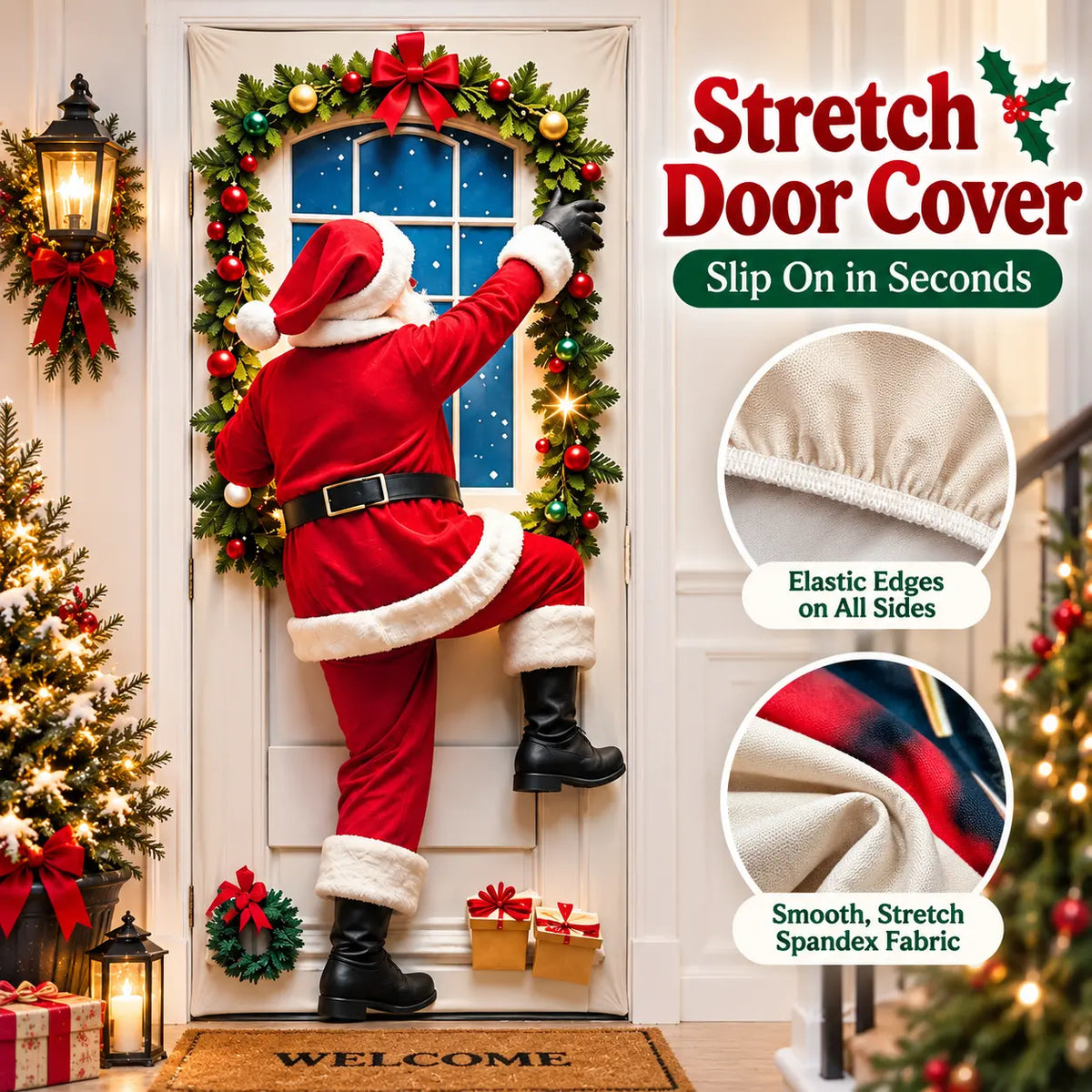Christmas Door Cover Stretch Fit Santa & Reindeer Door Decoration with 4-Side Elastic Edges 🎅