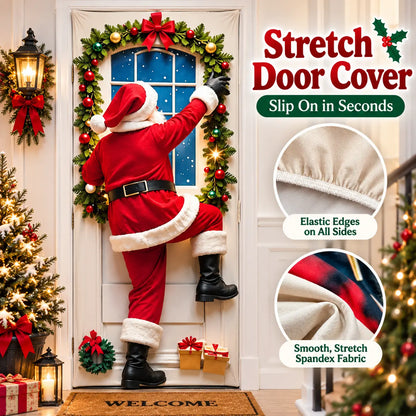 Christmas Door Cover Stretch Fit Santa & Reindeer Door Decoration with 4-Side Elastic Edges 🎅