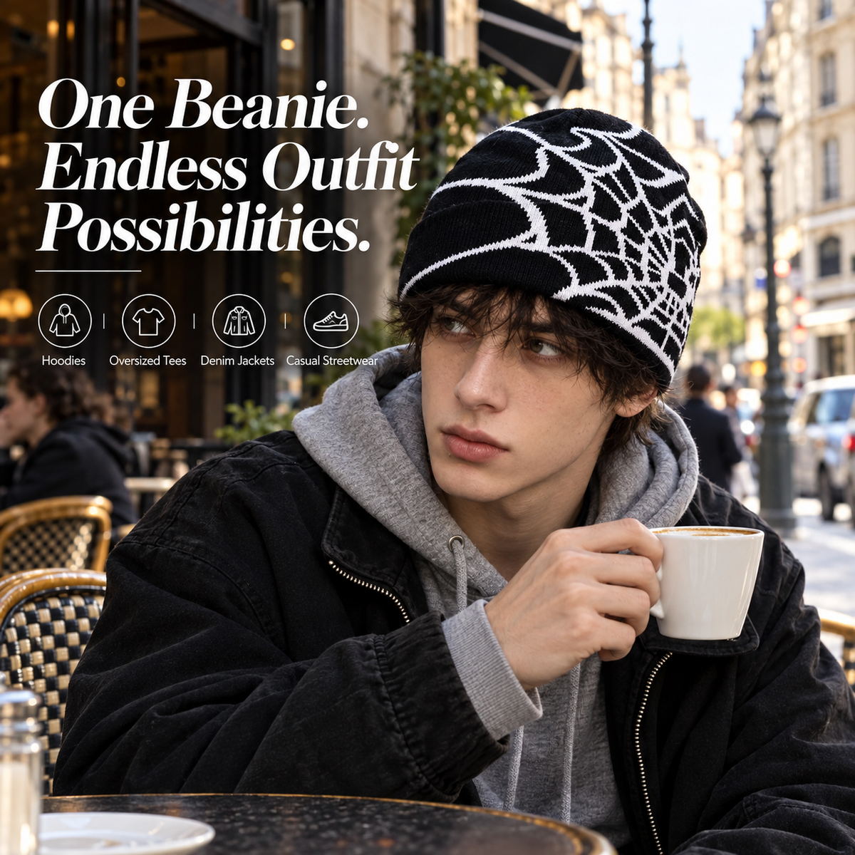 🕸️ SpiderWeb Gothic Knit Beanie – Y2K Streetwear Hat with Bold Spider Web Design