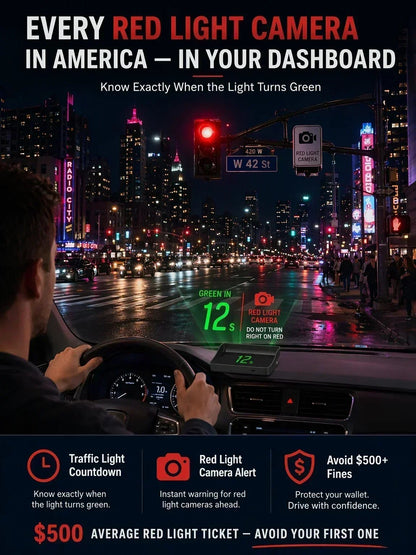 🚗Head-Up Display Car GPS Digital Speedometer – Traffic Light Countdown & Red Light Camera Alert HUD, Universal Driver Safety Warning Device to Avoid Tickets for City Driving