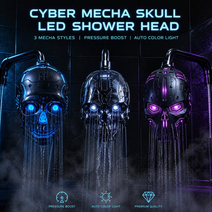 🚿👾Cyber Mecha Skull Color Changing LED Pressure Boost Shower Head