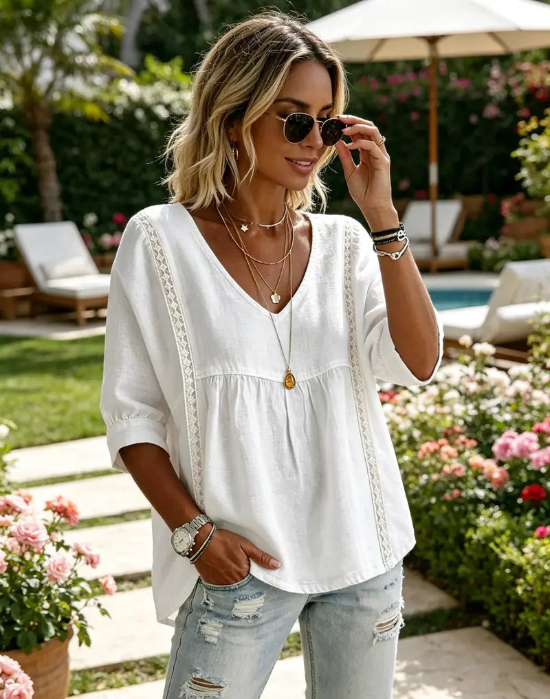 Women's Chic Loose-Fit V-Neck Lace Blouse, 3/4-Length Puff Sleeves, Side Lace Cut-Out Details👚