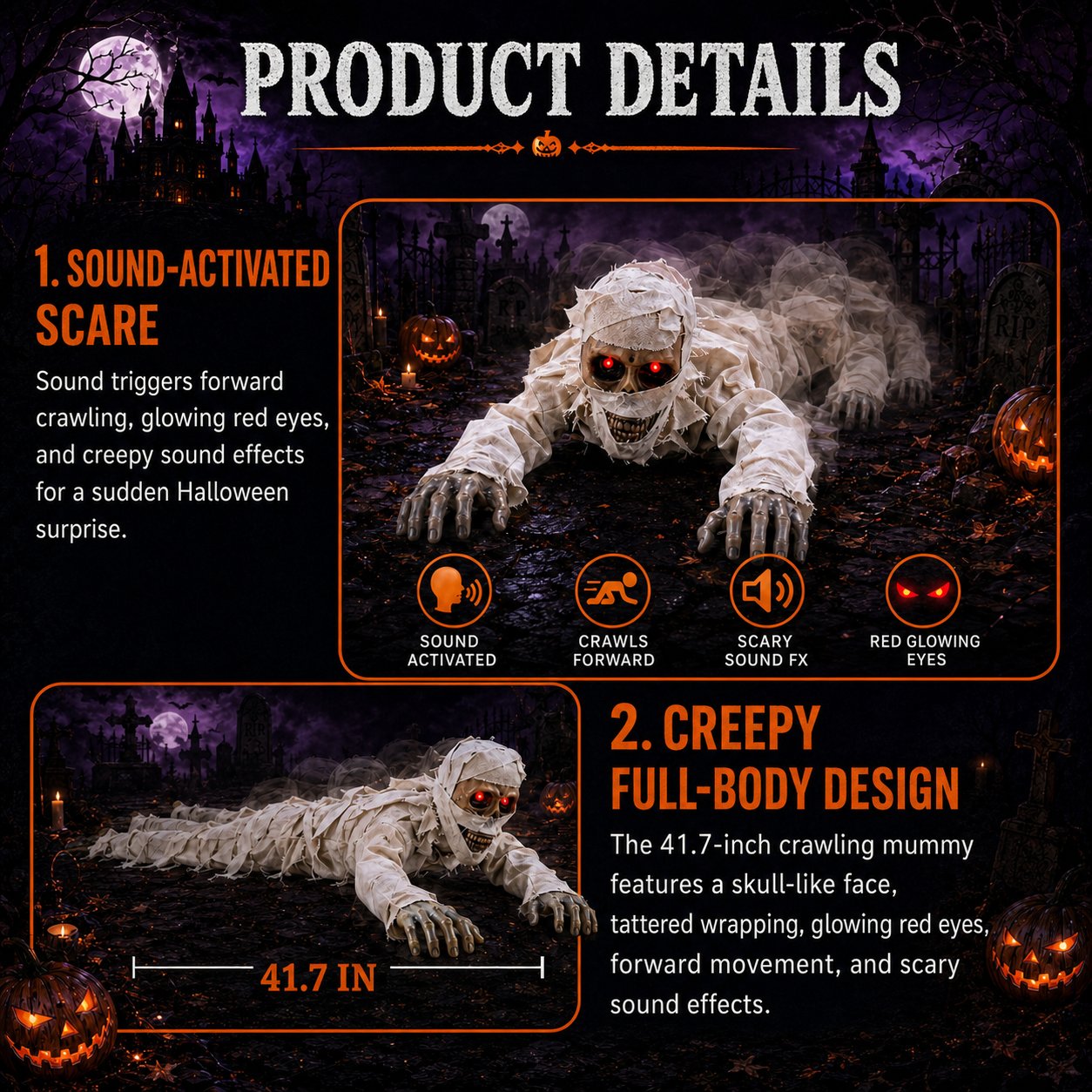 💀 Sound-Activated Animated Crawling Mummy with Glowing Red Eyes – FREE SHIPPING 🚚