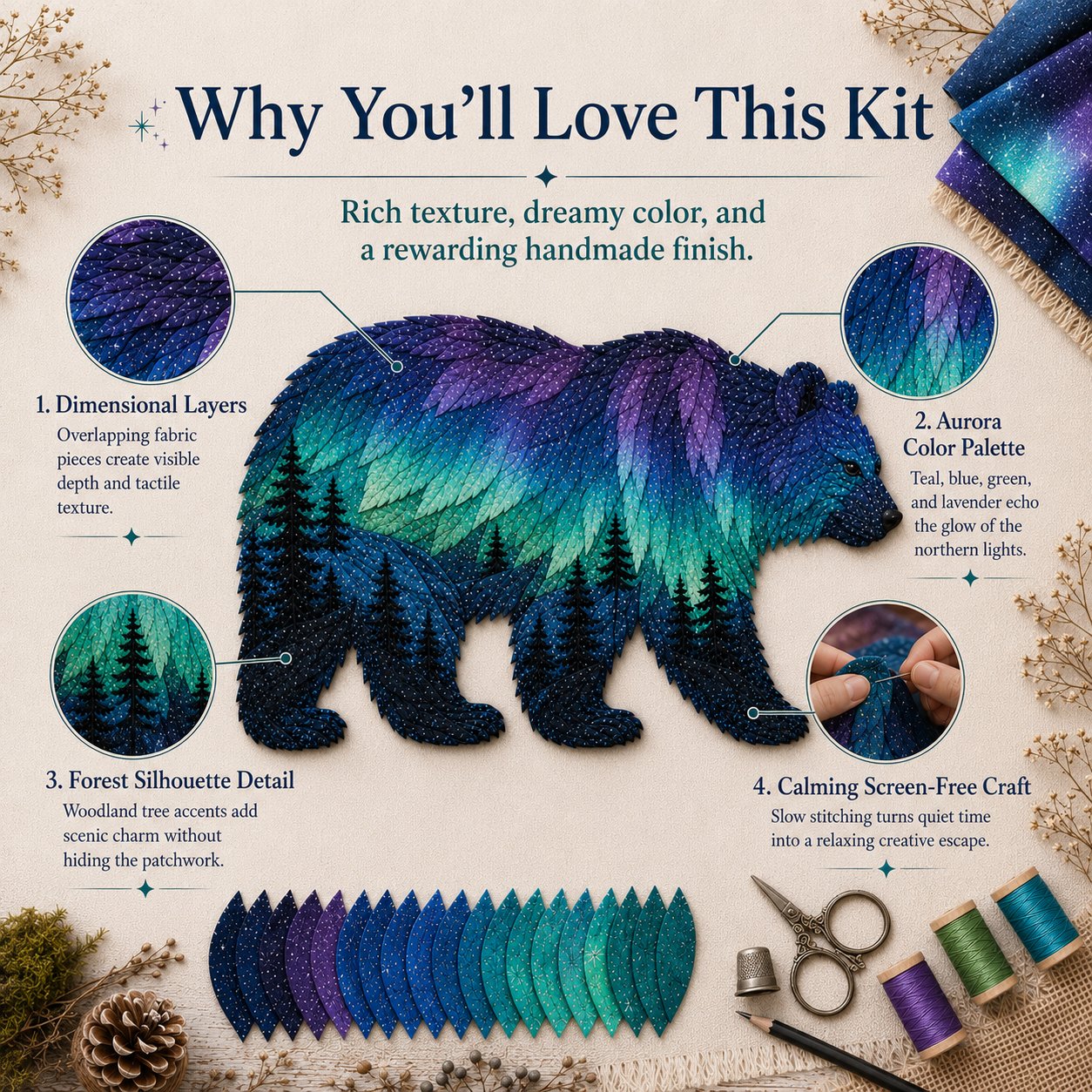 🔥HOT SALES 50% OFF - 🐻Northern Lights Wildlife DIY Patchwork Kit | Aurora Layered Fabric Art, Beginner Sewing Decor & Handmade Nature Gift