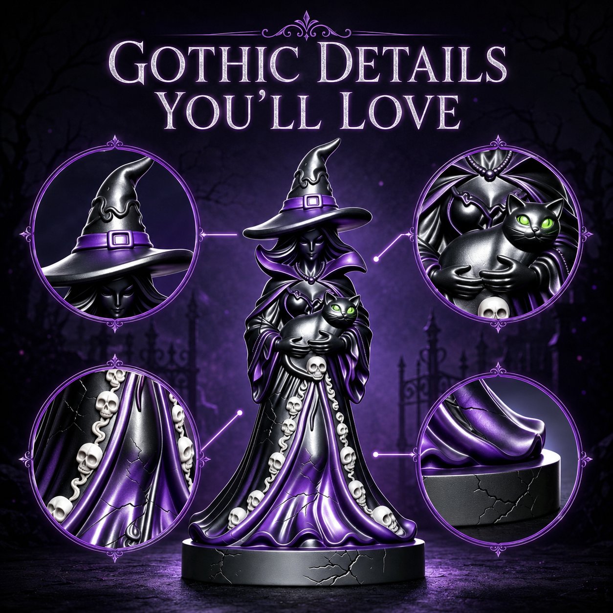 🔥HOT SALES 50% OFF - 🧙‍♀️Midnight Witch &amp; Black Cat Resin Figurine | Gothic Halloween Tabletop Decor &amp; Unique Spooky Gift 🖤
