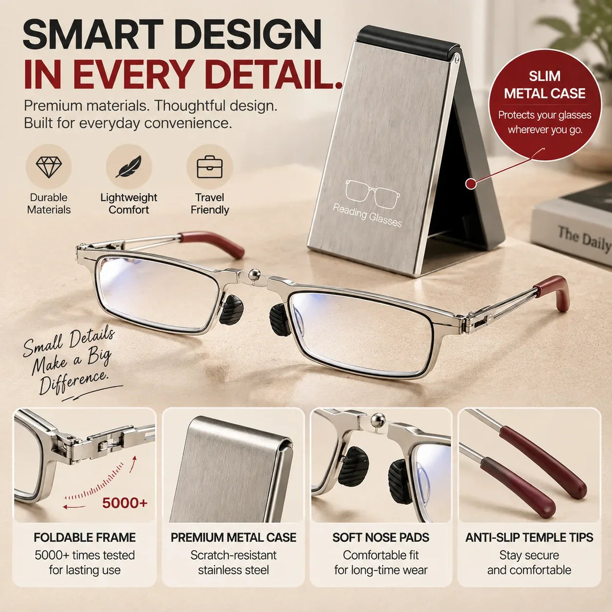 👓 Folding Reading Glasses – Ultra-Slim Portable Readers with Protective Metal Case for Everyday & Travel