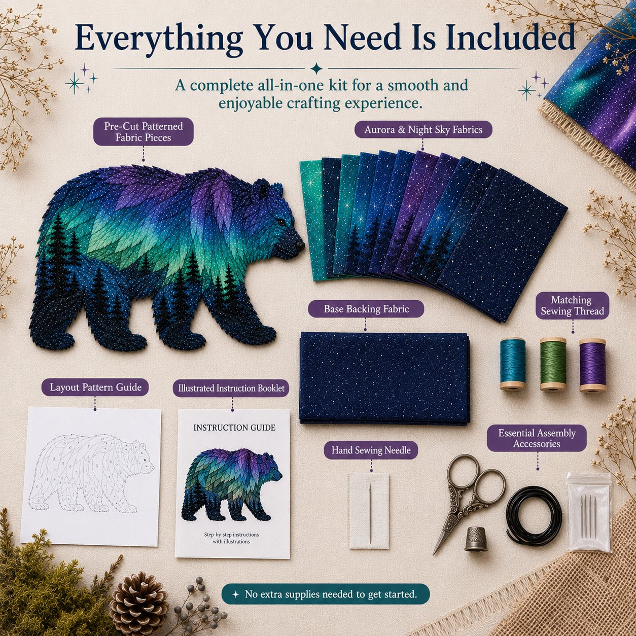 🔥HOT SALES 50% OFF - 🐻Northern Lights Wildlife DIY Patchwork Kit | Aurora Layered Fabric Art, Beginner Sewing Decor & Handmade Nature Gift