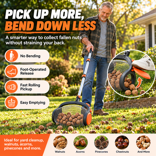 🌰✨Telescopic Nut Picker with Foot Release – Rolling Collector for Walnuts, Acorns & Pinecones, Yard Cleaning Tool