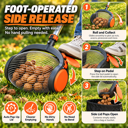 🌰✨Telescopic Nut Picker with Foot Release – Rolling Collector for Walnuts, Acorns & Pinecones, Yard Cleaning Tool