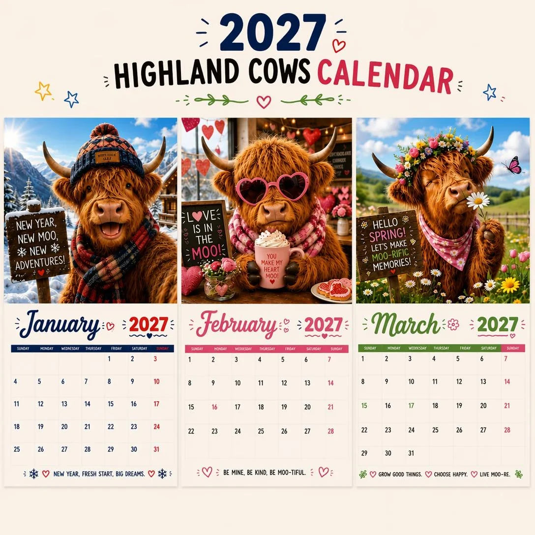 🐮🎁2027 Funny Highland Cows Wall Calendar | A4 Hanging Calendar