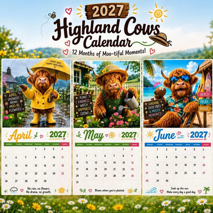 🐮🎁2027 Funny Highland Cows Wall Calendar | A4 Hanging Calendar
