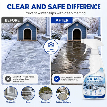 Outdoor De-Icing & Snow Melting Spray – pet-safe, dissolves frost on contact. Clear steps, walkways & patios fast! 🛡️✅