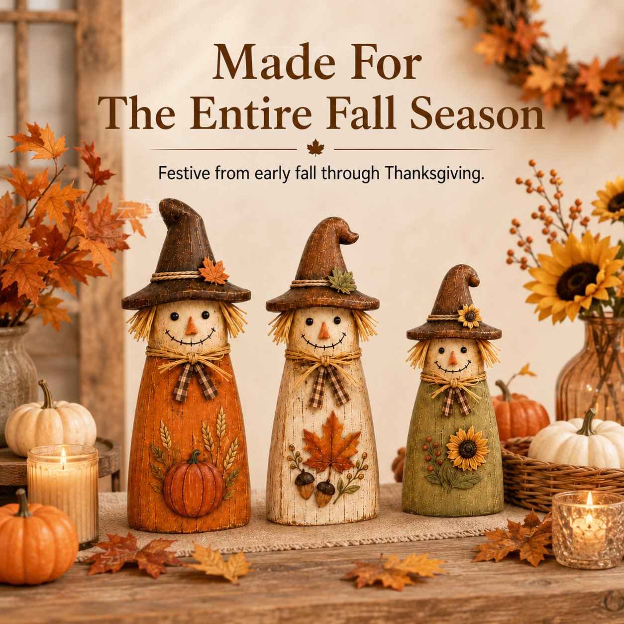 Hand-Carved Vintage Scarecrow Fall Decor Set