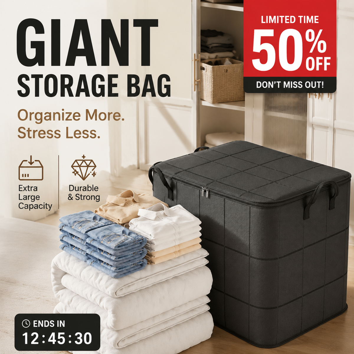 📦 Giant Storage Bag – Organize Your Home Instantly, Spacious & Foldable for Clothes, Blankets & Toys