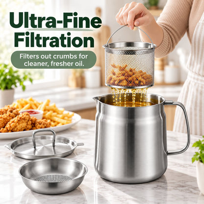 ✨ All-in-One 4-Piece Stainless Steel Deep Fryer & Oil Strainer Pot