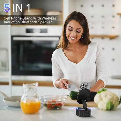 5-in-1 Wireless Induction Speaker Phone Stand – No Bluetooth Needed, LED Lights & Phone Charging