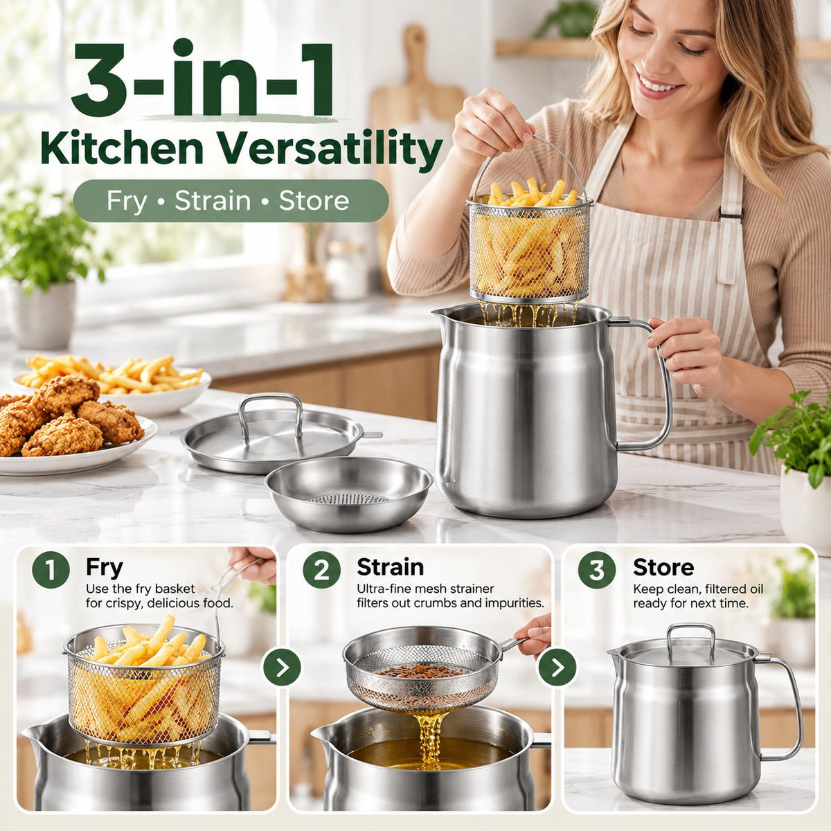 ✨ All-in-One 4-Piece Stainless Steel Deep Fryer & Oil Strainer Pot