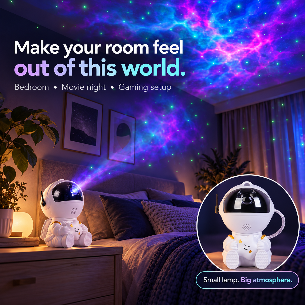Astronaut projector casting nebula and green star effects in a bedroom