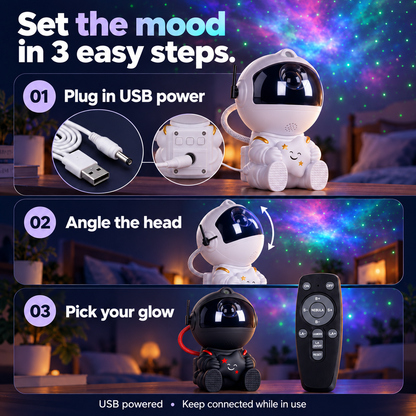 USB power connects to the lower back; angle the head and select the projection with the remote
