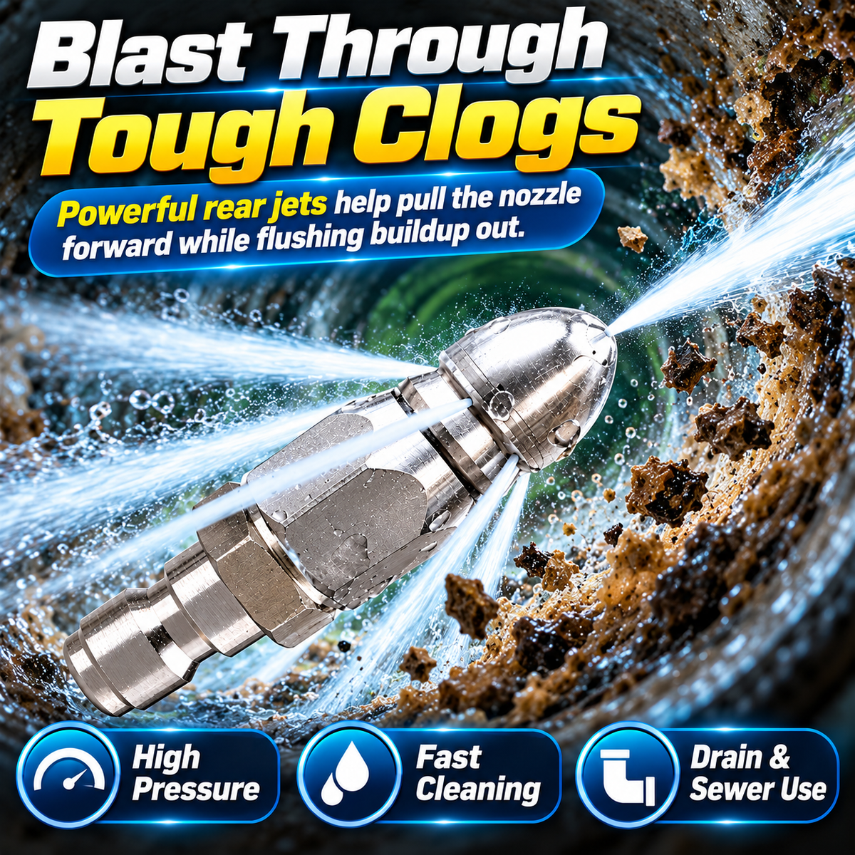🚿 50% OFF High-Pressure Drain Cleaning Nozzle – 1 Front Jet + 6 Rear Jets 🔥