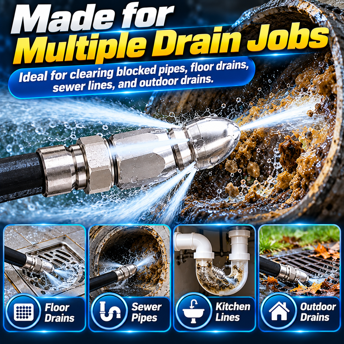 🚿 50% OFF High-Pressure Drain Cleaning Nozzle – 1 Front Jet + 6 Rear Jets 🔥