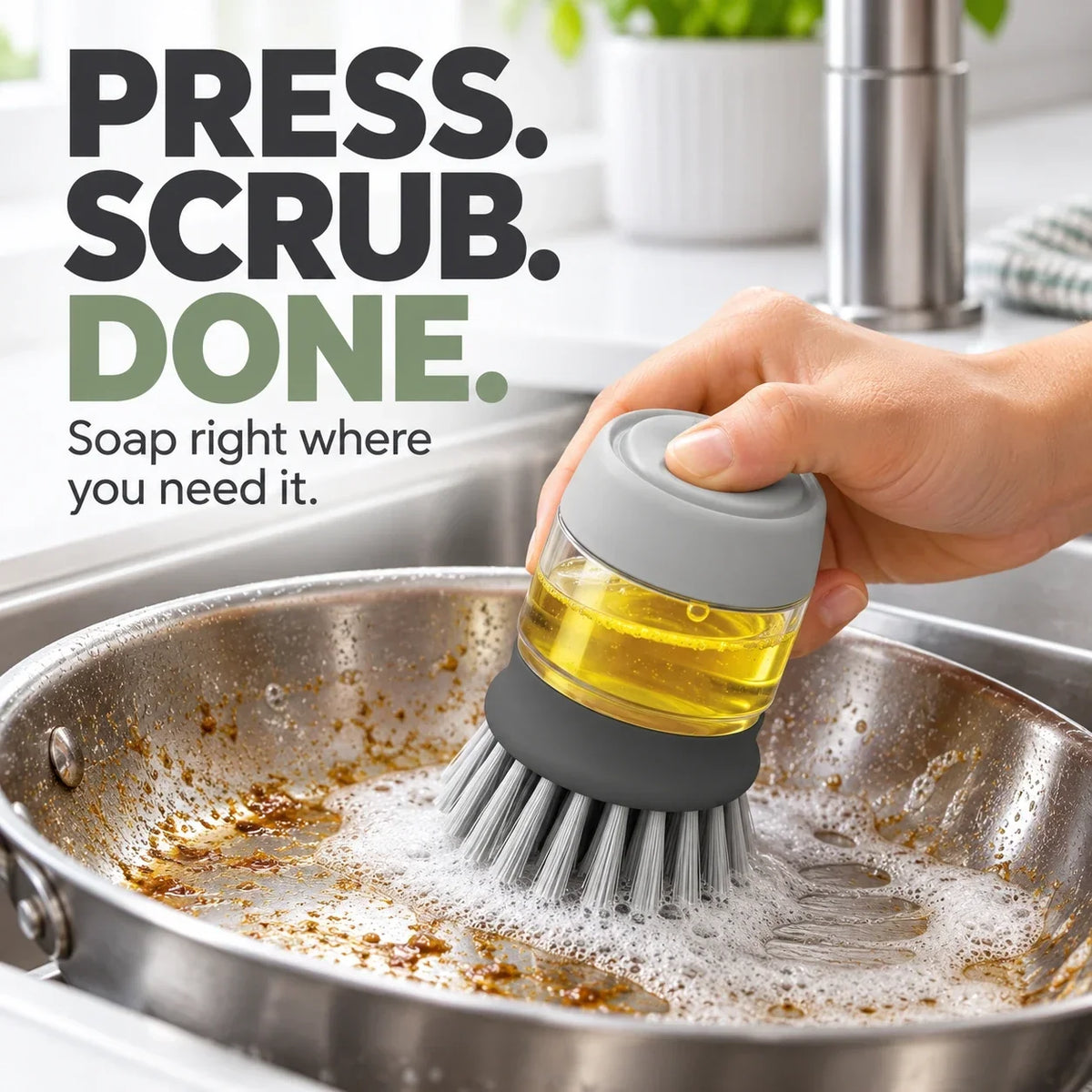 Soap Dispensing Dish Brush with Stand 🫧 Press. Scrub. Done.