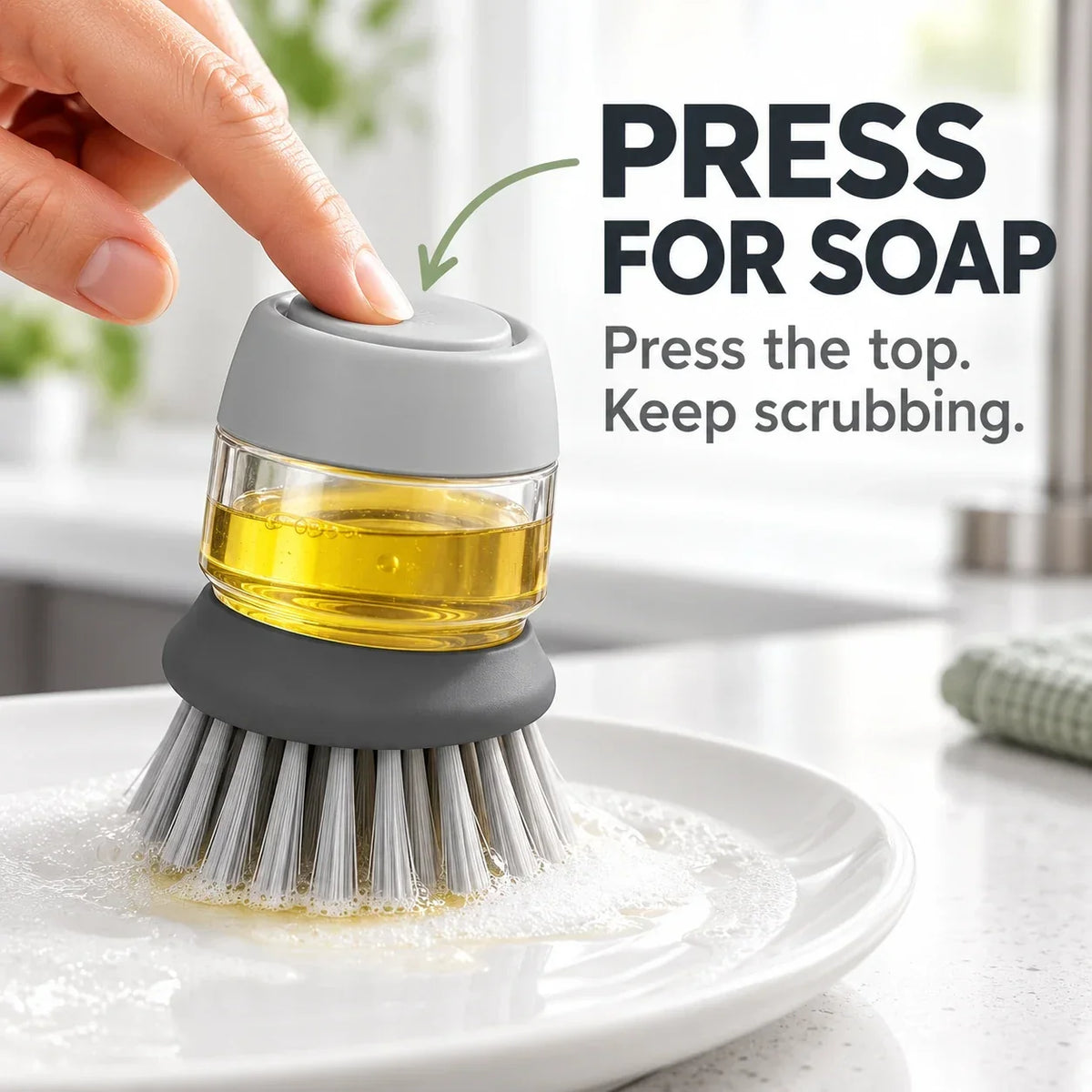 Soap Dispensing Dish Brush with Stand 🫧 Press. Scrub. Done.